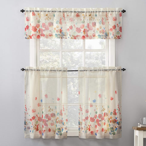 No. 918 Rosalind Watercolor Floral Semi-Sheer Kitchen Curtain Valance and Tiers Set, 54" x 24", Poppy Red