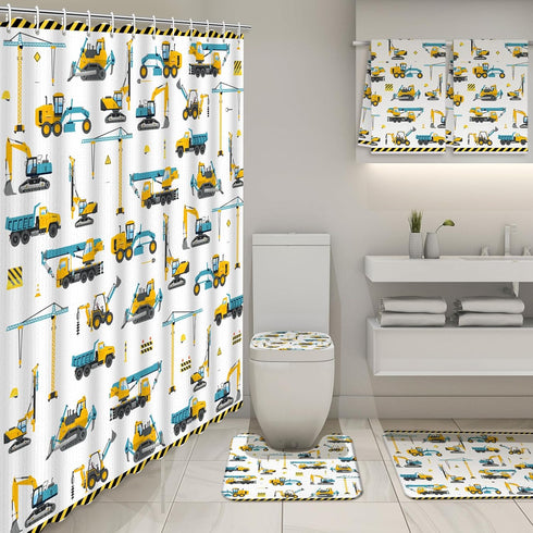 6 Set Sets 2 12 Nuanchu Pcs Construction Shower Curtain with Rug Bathroom with Shower Curtain Bath Mat U Shaped Mat
