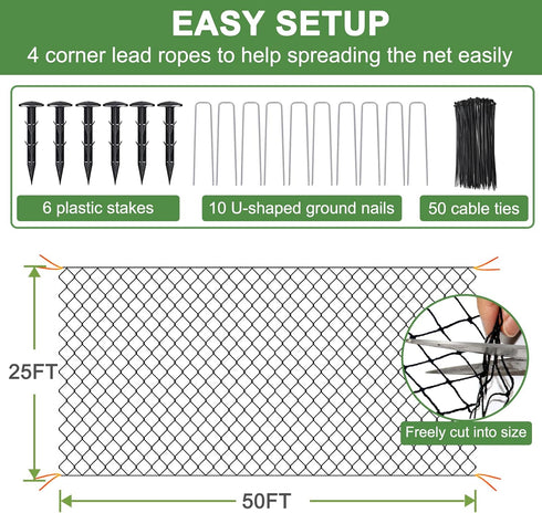 DQS 25'x50' 1' Bird Netting - Heavy Duty with Square Mesh, Poultry Netting for Chicken Coop Roof, Garden Protection