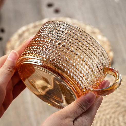 Gezzeny 14 Oz Set 2 Vintage Coffee Mugs of Amber Embossed Glass Tea Cups for Cappccino, Latte,Cereal, Yogurt, Beverage