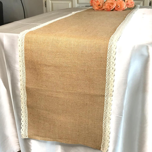 Artsy Crafts 13x108 inches Natural Burlap Table Runner with Crochet Lace, Rustic Table Mats for Boho Wedding, Baby