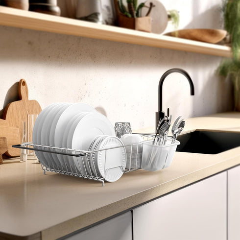 SIMPLE HOUSEWARE Large Stainless Steel Dish Drainer Drying Rack with Utensil Holder, Chrome