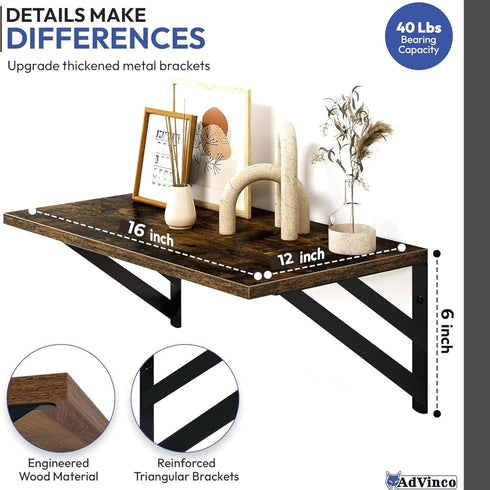 AdVinco Set 2 Rustic Brown Floating Shelves of with Corner Shelf Wood Wall Mounted Shelves for Kitchen, Bathroom