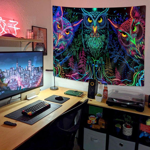 JAWO Psychedelic Owl Tapestry, Trippy Forest Line Art Wall Hanging, Moon Animal Bird Blacklight Tapestry (60X40 Inch)