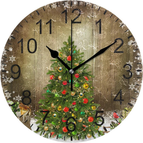 Wamika Christmas Tree Wall Clock, Silent Non Ticking Round Decorative Clock, 10 Inch Battery Operated