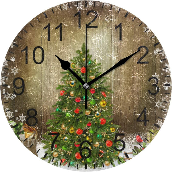 Wamika Christmas Tree Wall Clock, Silent Non Ticking Round Decorative Clock, 10 Inch Battery Operated