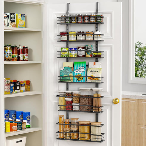 Moforoco 6-Tier Over The Door Pantry Organizer, Black Hanging Basket Cabinet Door Wall Spice Rack Shelves