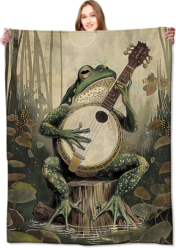 Banjo-Playing Frog Blanket Whimsical Woodland Throw Blankets with Musical Animal & Moonlit