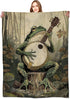 Banjo-Playing Frog Blanket Whimsical Woodland Throw Blankets with Musical Animal & Moonlit