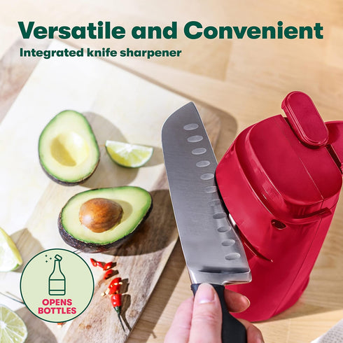BELLA Multifunctional Electric Can Opener and Knife Sharpener, Red, Stainless Steel Blade, Removable Cutting Lever,