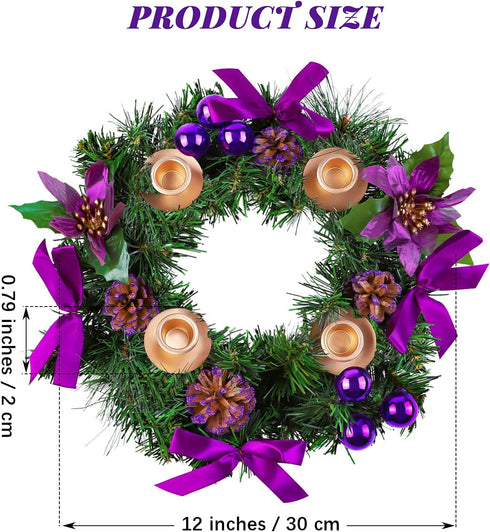 MCEAST 12 Inch Christmas Centerpiece Wreath Candle Holder with Purple Ribbon, Bowknots, Pine Cones for Home Decoration