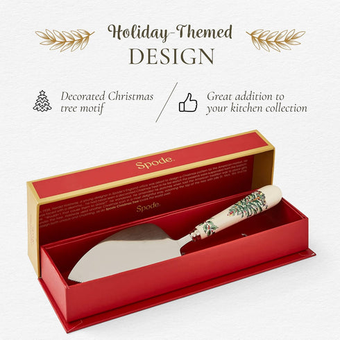 Christmas Tree Cake Server Portmeirion, 10-Inch Stainless Steel Cake Knife with Fine Porcelain Handle, Holiday Dessert