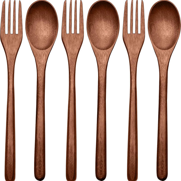Wooden Spoons Forks Set, Japanese Handmade Natural Wood Utensil Set for Cooking, Stirring, Eating, 6 Pieces