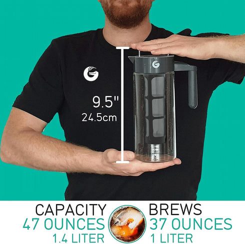 Coffee Gator Cold Brew Coffee Maker - 47 oz Iced Tea and Cold Brew Maker and Pitcher w/Glass Carafe, Filter, Funnel & Measuring Scoop - Black by Coffee Gator