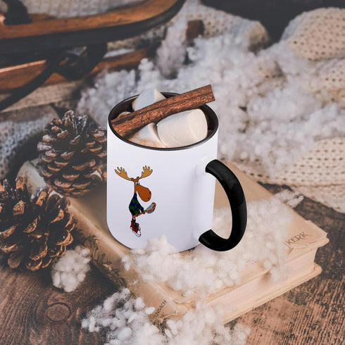 3dRose "Funny Moose With Lacrosse Stick Art" Two Tone Black Mug, 11 oz