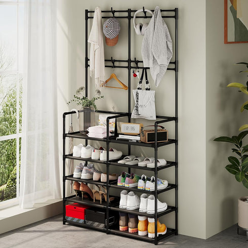 5-Tier 8 UDEAR Coat and Shoe Rack, Entryway Coat Rack with Hooks, Double Row Shoes Organizer for Living Room, Bedroom