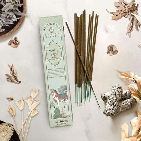 White Sage Masala Incense Sticks, Organic Hand Rolled Natural Herbs, 40 Sticks, 45-60 Min Burn Time, Spiritual Gifts