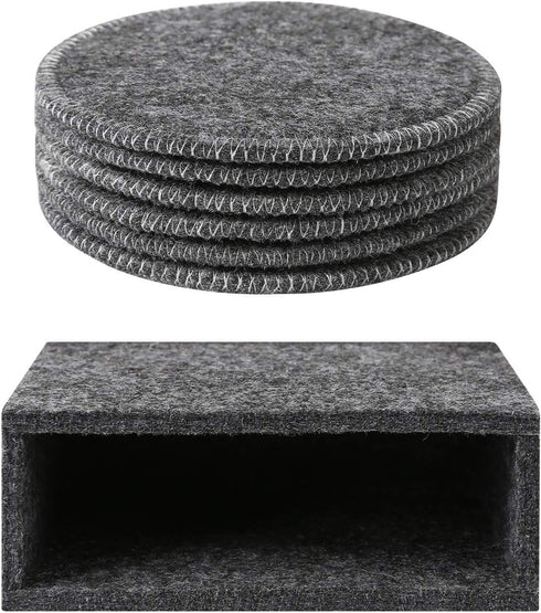 Drink Coasters Set of 6 with Holder - Dark Gray Round Water Absorption Felt Mat, 3.94 Inches Diameter