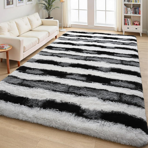 5x7 Black and White Fluffy Soft Plush Striped Area Rugs for Bedroom, Indoor Non Slip Washable Rug for Living Room