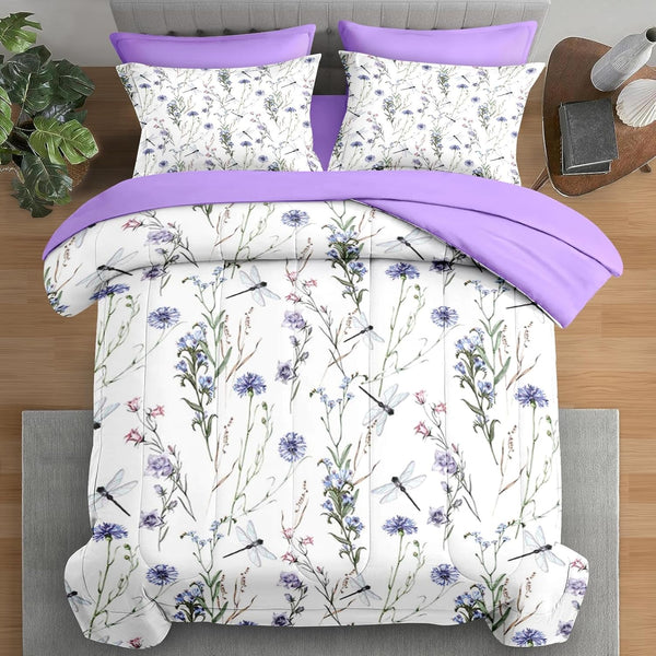 Pamnest Comforter Set Twin Size, Botanical Flower Dragonfly 5 Pcs Bedding for