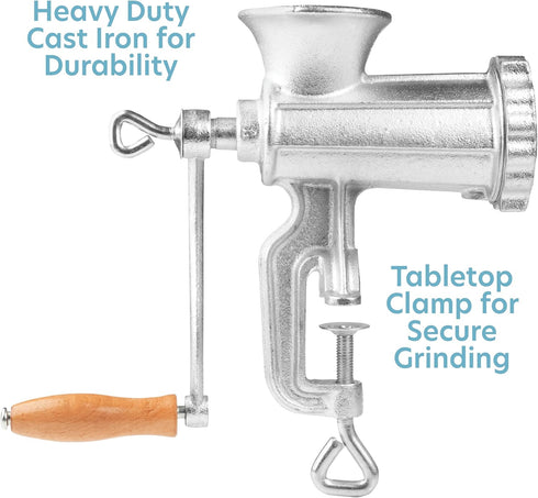 Meat Grinder with Tabletop Clamp & 2 Cutting Disks, Cast Iron, Heavy Duty Sausage Maker, Manual Meat Mincer