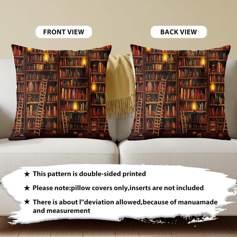 18x18 Inch Set (Pack 2) Linen Throw Pillow Covers of - Retro Bookshelf, Vintage Grand Library Premium Couch Cushion