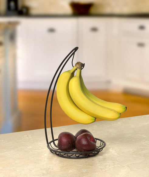Countertop Spectrum Grid Banana Holder Stand Black Modern Metal Fruit Tree Hanger with Hook for Kitchen Storage, Sturdy