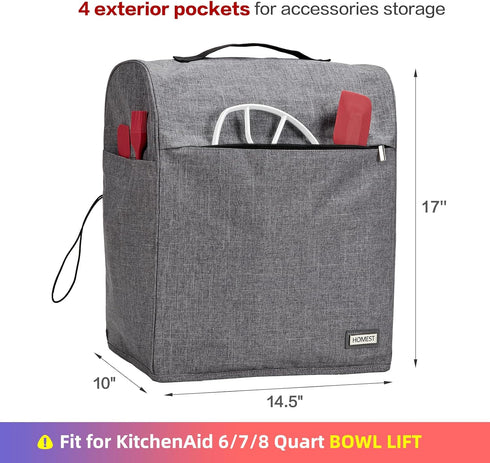 HOMEST Stand Mixer Dust Cover for KitchenAid 6/7/8 Quart Bowl Lift, Grey with Zipper Pocket