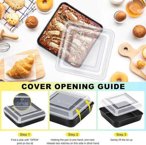 P&P CHEF 8 Inch Square Baking Pan with Lid Set, Non-Stick Square Cake Pans for Brownies and Lasagna, 4 Pieces
