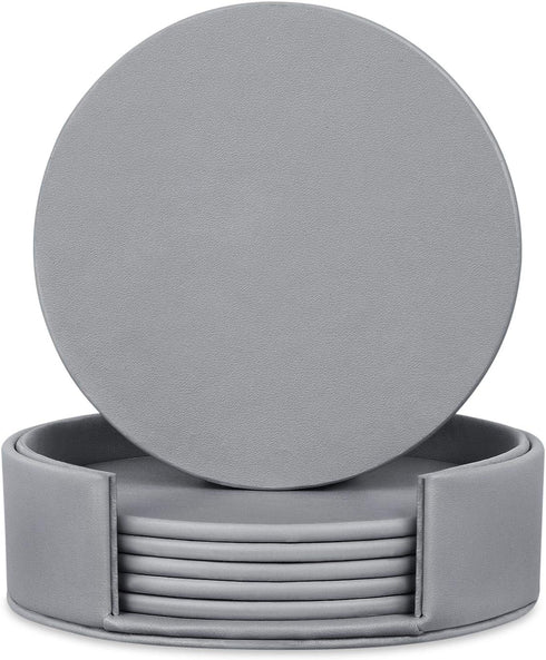 6 Pieces Grey Coasters for Drinks with Holder, Round Cup Mat Pad Protects Furniture from Coffee or Tea Marks