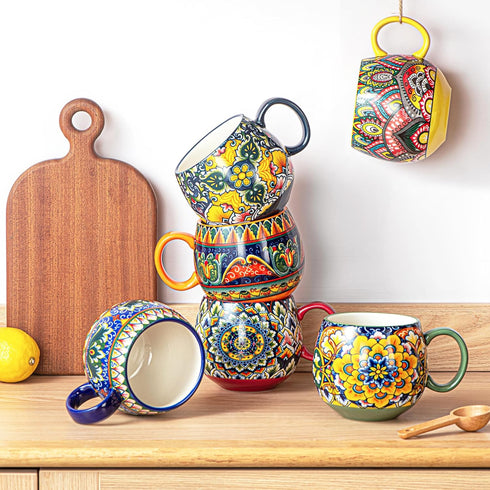 Set 6, 20 oz Henten Home Ceramic Coffee Mug of Colorful Coffee Cup with Handle, Boho Porcelian Mug for Cappuccino