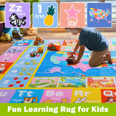 4x5 Kids Rugs for Playroom - Soft & Non-Slip Feet Educational Rug for Learning ABC Alphabet, Numbers, Shapes & Map