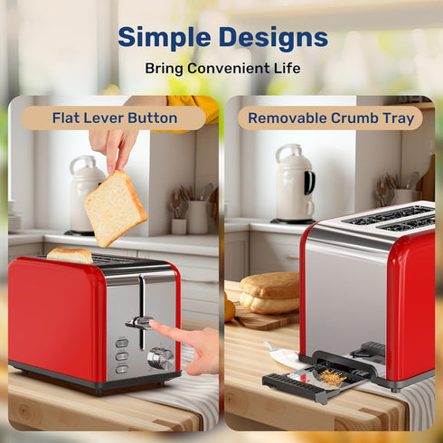 YSSOA Stainless Steel Toaster: 2 Slice with Extra Wide Slot, 6 Shade Settings, Red