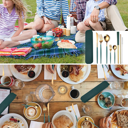 AARAINBOW 8 Pieces Stainless Steel Flatware Set, Portable Reusable Travel Utensils Including Knife, Fork, Spoon, Straws