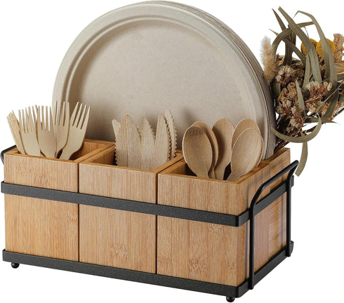 PTSTING Wood Silverware Caddy, Utensil Holder, Paper Plate Dispenser, Cutlery Organizer Box