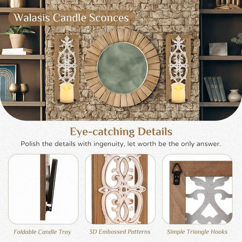 Set 2 Farmhouse Wood Candle Sconces Wall Decor - of Walasis Rustic Wall Candle Holder Decorative Carved Brown Candle
