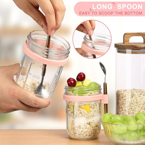 KAIZHOUZHOU 16oz (Pink-2Pcs) Glass Mason Overnight Oats Jars, Cereal, Yogurt, Salad Lunch,Glass Overnight Oats