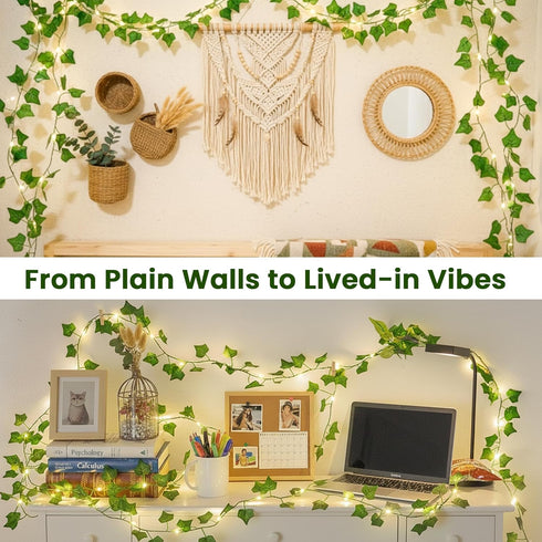 23FT 73 Ivy Vine String Lights, LED Lighted Garland with Green Leaves, USB & Battery Powered, Room Wall, Dorm, Bedroom