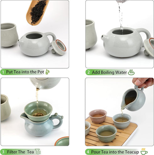 Sets 12 Set 4x Set Ceramic Kungfu Tea Piece,Mini Protable Travel Tea With Tea Pot, Tea Cups, Bamboo Tea Tray, Tea