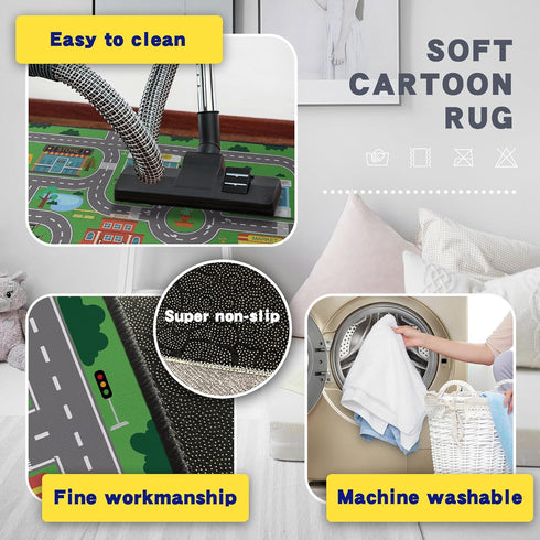 59"x39", Play Rug for Playroom Kids Car Mat Town City Road Map Carpet, Fun Car Playmat Area Rugs Non-Slip Washable