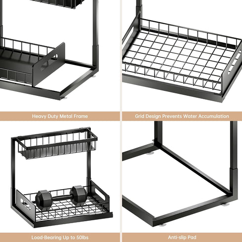 VUSIGN Under Sink Organizer and Storage (2 Pack) - Slide Out Cabinet Organizer, Pull Out Sink Shelf for Kitchen, Black