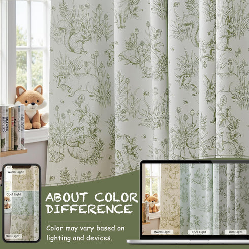 jinchan 63 Inches 2 Blackout Nursery Curtains Long, Bunny Woodland Toile Easter Decor Curtain Sage Green Animal Printed