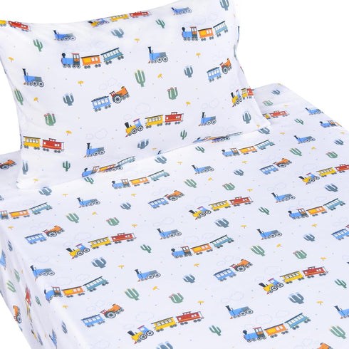 Scientific Sleep 100% Cozy Set, Set Little Train Cactus Cute Fun Cotton Twin Bed Sheet Flat Sheet & Fitted Sheet