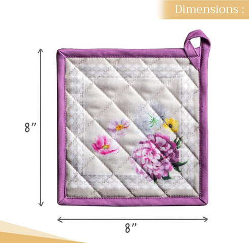 Maison d' Hermine Pot Holders Set of 2, 100% Cotton Heat Resistant Potholders 8" x 8" for BBQ, Cooking, Baking, Pivoine