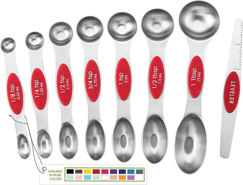 Spring Chef Red Stainless Steel Magnetic Measuring Spoons Set of 8 with Leveler, Kitchen Gadgets for Baking & Cooking
