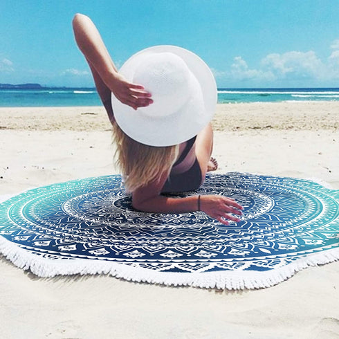 Swimming 59 Microfiber Mandala Round Blue Beach Towel Blanket, Oversized Quick Dry Super Absorbent Thick Towel for Pool