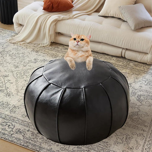 Louis Donn Round Unstuffed Faux Leather Pouf Ottoman Cover, Portable Indoor Outdoor Foot Rest Cover with Invisible