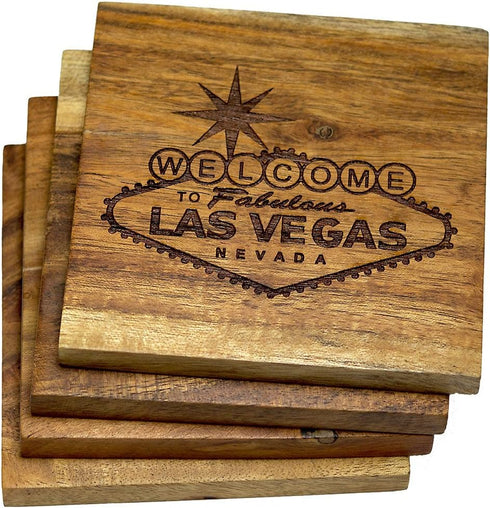 Las Vegas Coasters, Welcome Sign Drink Coasters, Engraved Acacia Wood with Las Vegas Design, Souvenirs (Set of 4)