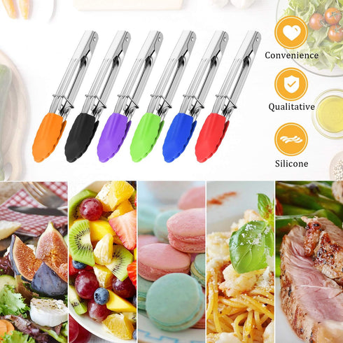 6 Pieces Mini Silicone Tip Tongs, 7 Inch Kitchen Serving Tongs, Small Metal Locking Tongs for Salad Grilling, 6 Colors