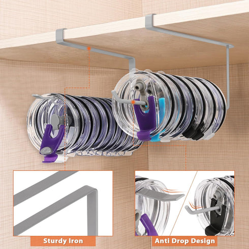 2 Pack 20 Tumbler Lid Organizer, Horizontal Tumbler Lid Storage Hook Up to Lids, Space Saving Cup Lid Holder Under